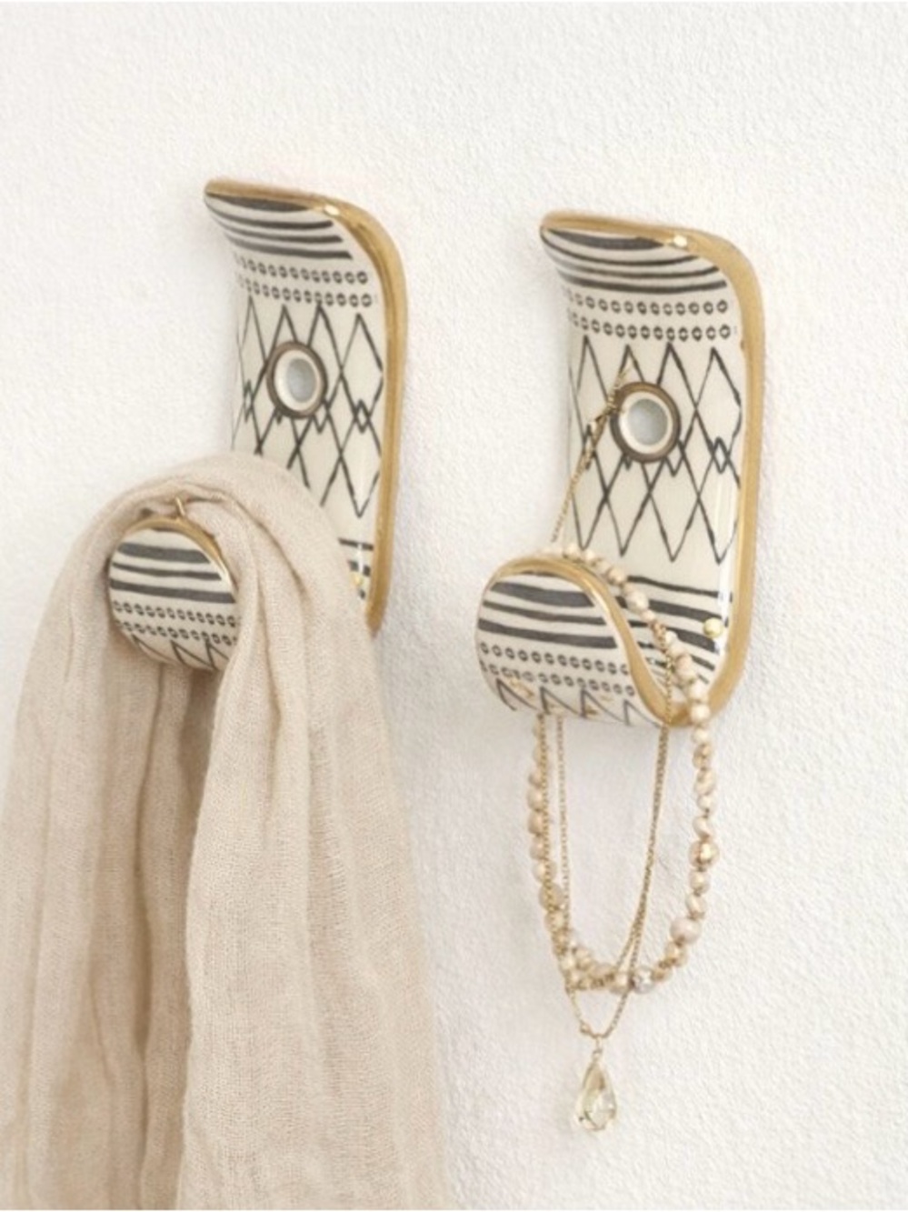 Ceramic Wall Hooks Set of 2 Gold Trim Black White Geometric Coat Hooks Art Deco